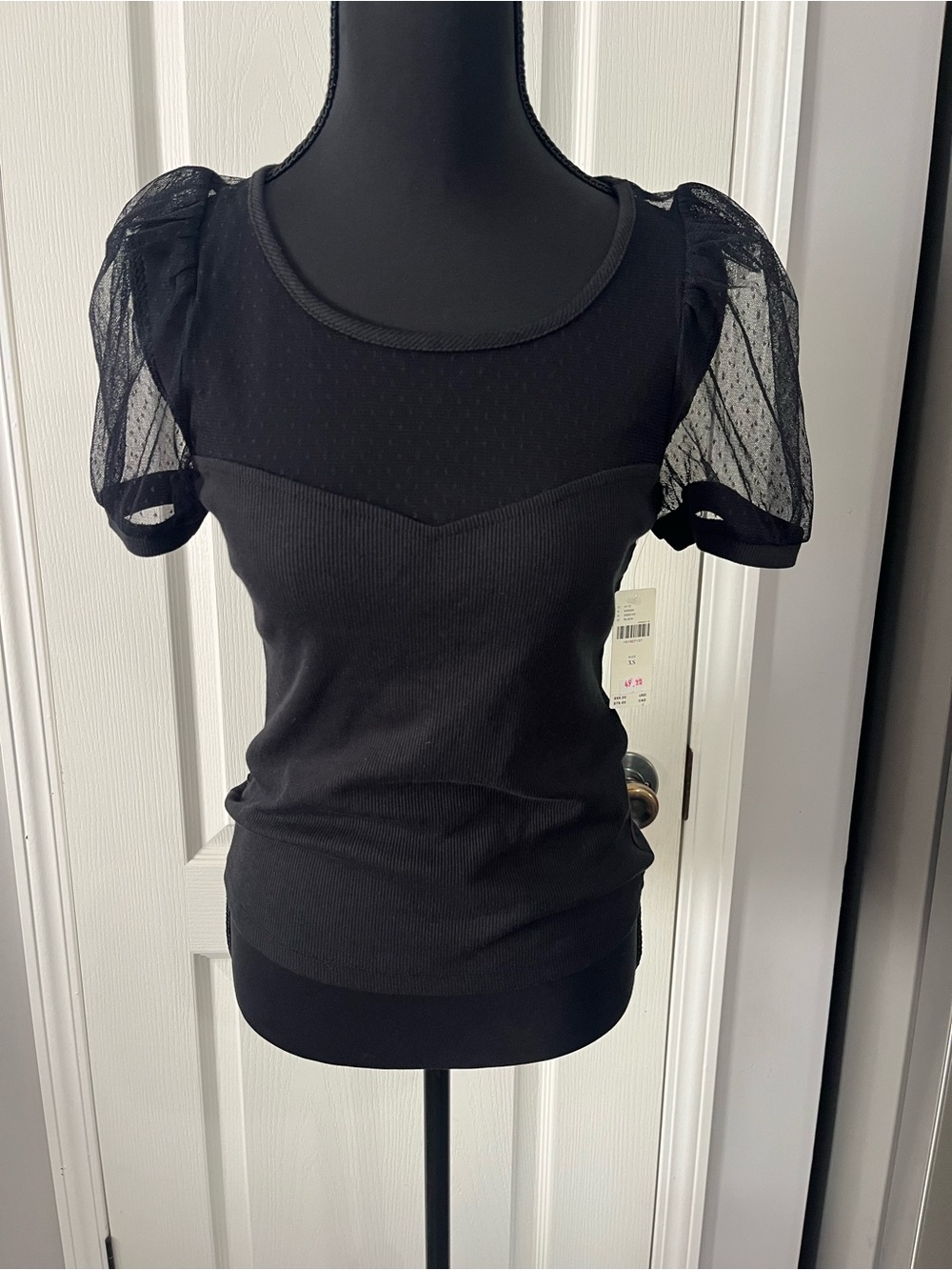 Anthropologie Black Puff-Sleeve Ribbed Scoop-Neck Top